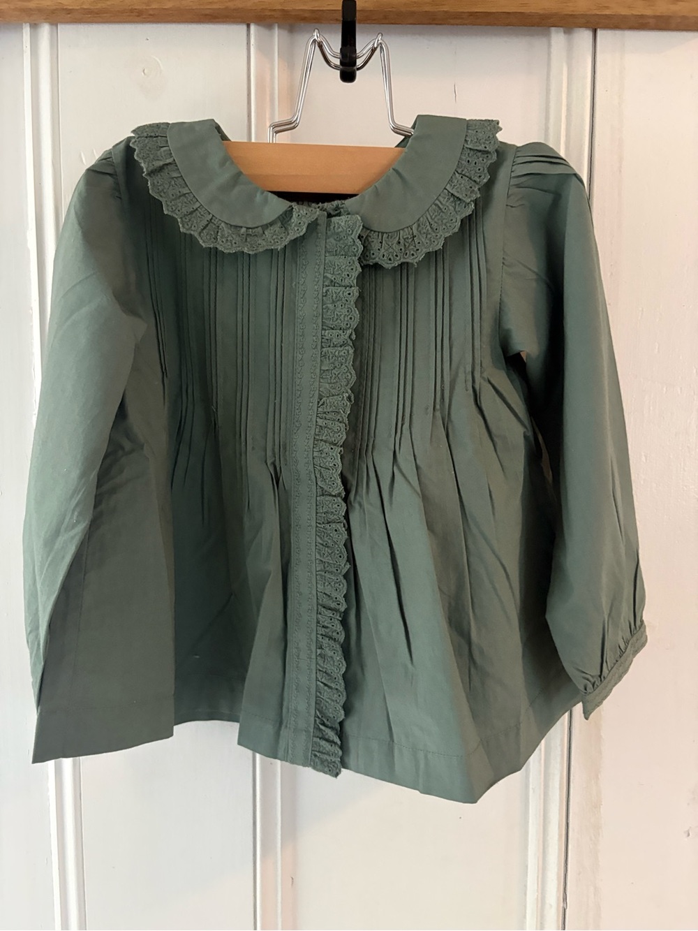 NWT Doen Kids' Lydie Top. Spruce Green Lace-Trim Long Sleeve